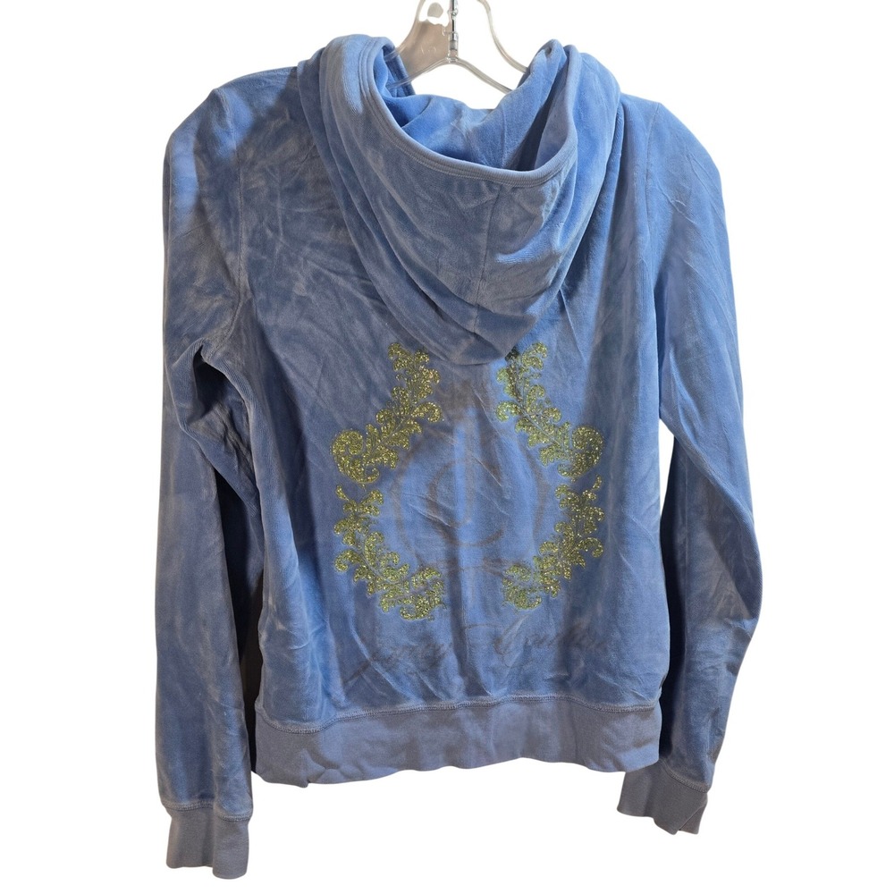 Vtg Juicy Couture Velour Hoodie Women's Baby Blue Glitter Crown Zip Jacket Y2K